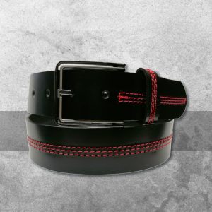 Cinturón de Piel – Negro y Triple Costura Roja